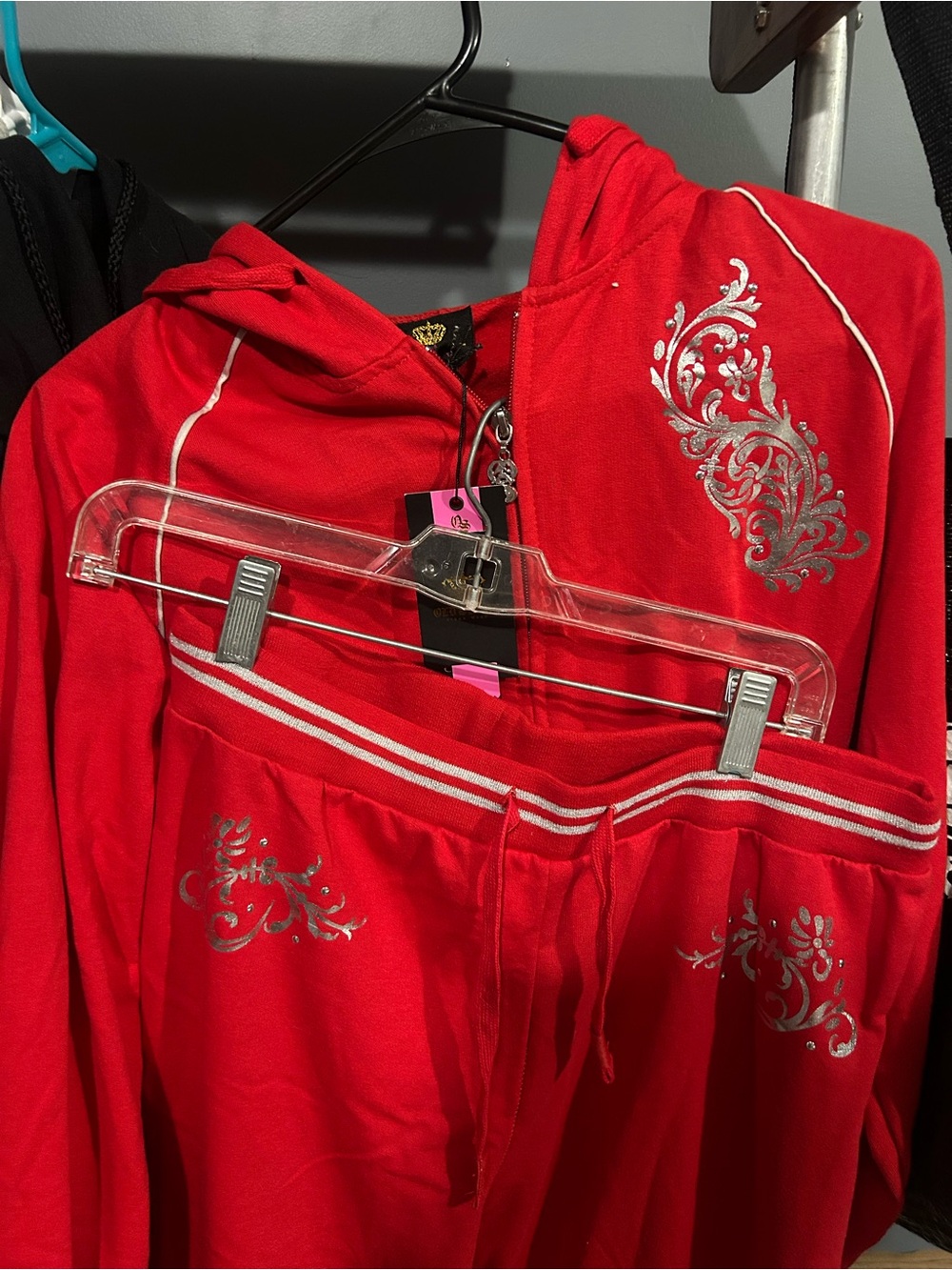 Old Skool Red Hooded Tracksuit with Silver Scroll Detail